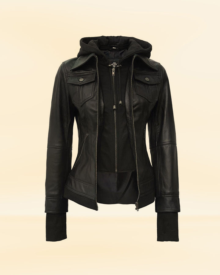 Stylish black leather bomber jacket with hood in USA