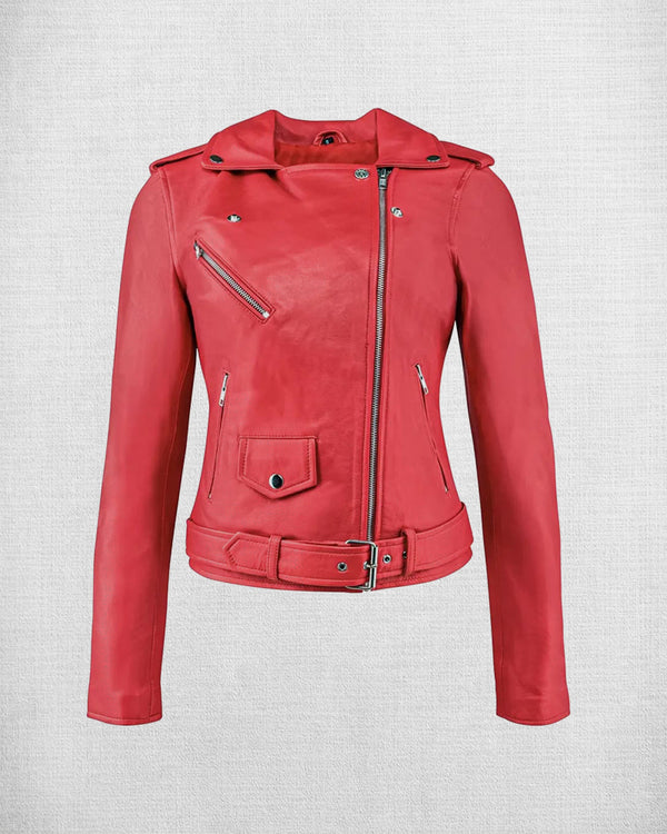Stylish Red Leather Biker Jacket For Women