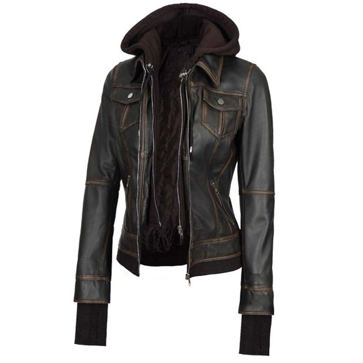 TJS Black Genuine Lambskin Hooded Bomber Jacket
