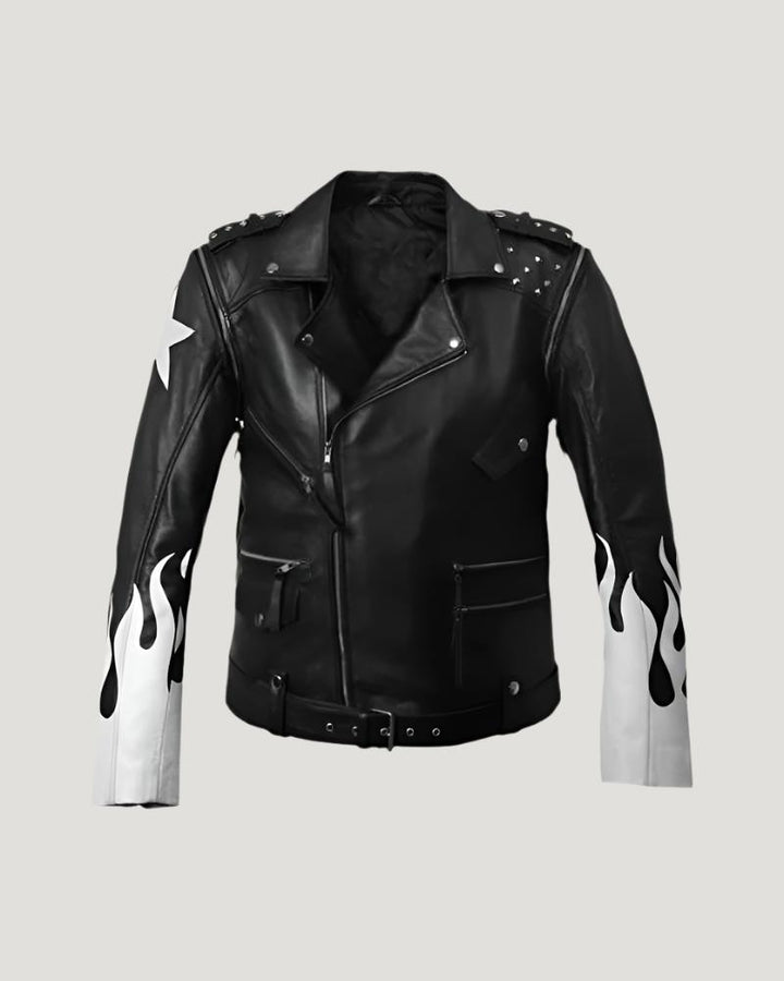 Sleek Black Leather Jacket with White Flames in USA market