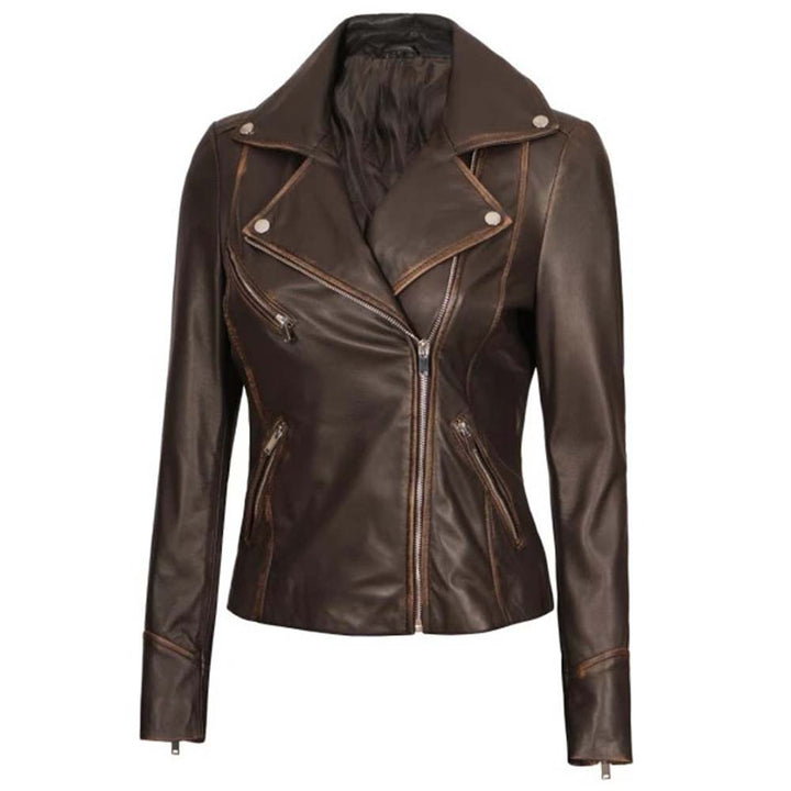 Stylish vintage leather biker jacket for women by TJS in American style