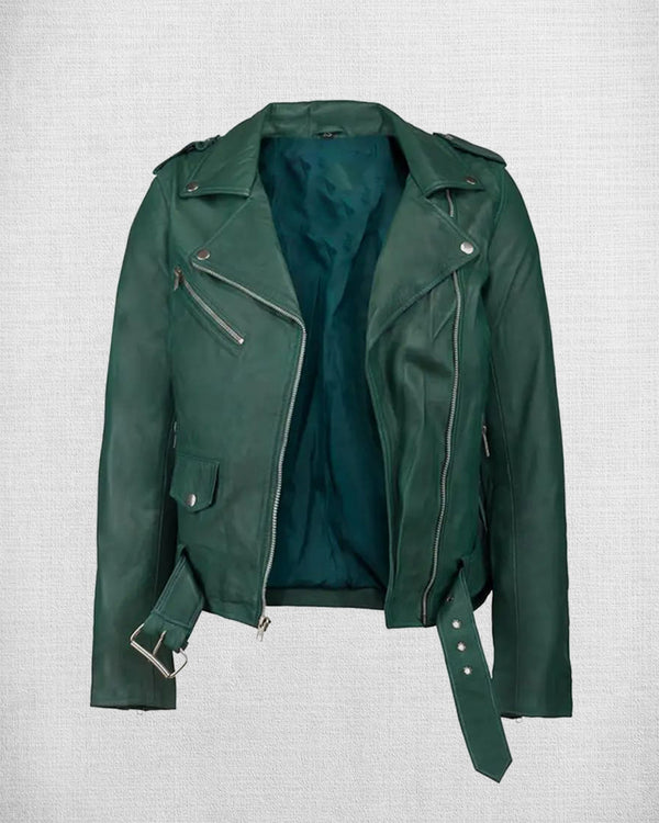 Stylish Green Leather Biker Jacket For Women