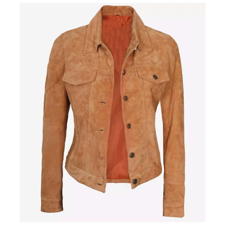 Women's light brown suede leather trucker jacket in USA