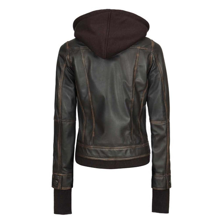 Women's Black Lambskin Leather Bomber Jacket with Hood
