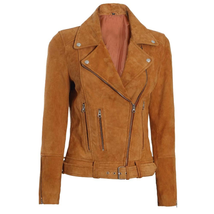 Women's brown asymmetrical suede biker jacket in USA