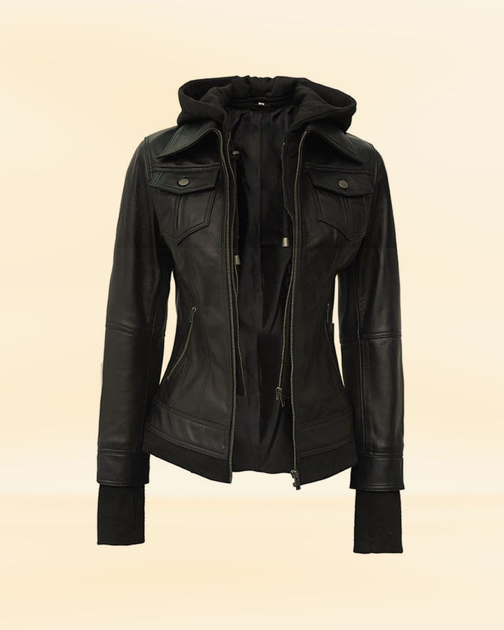 Casual black leather bomber jacket with detachable hood in USA