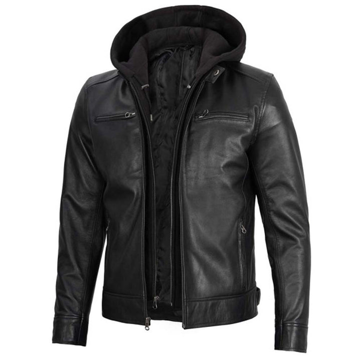 Men's Black Leather Jacket with Hoodie for Casual and Formal Wear in USA