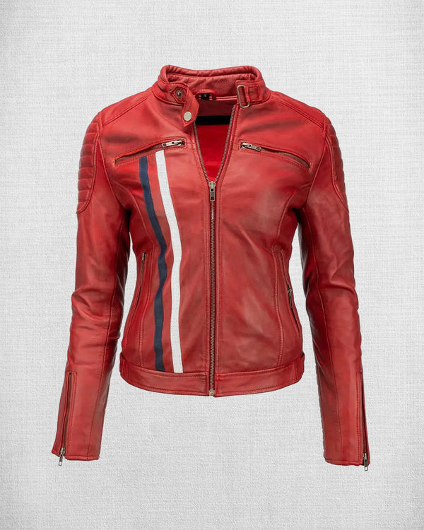 Fashionable Red Leather Biker Jacket with White and Blue Stripes