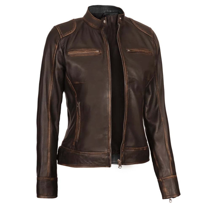 Classic vintage leather jacket for women in France style