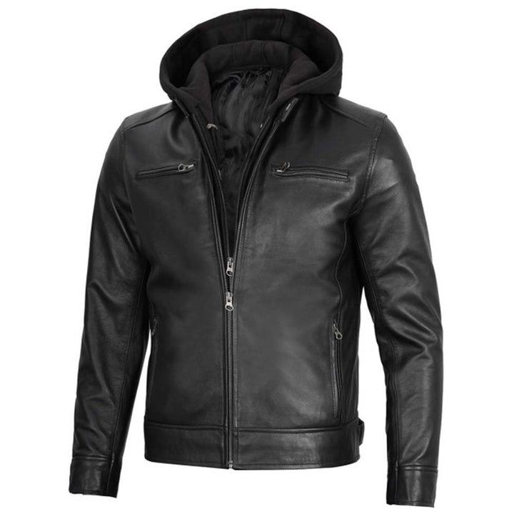 Trendy Men's Leather Jacket in Black with Removable Hoodie in USA