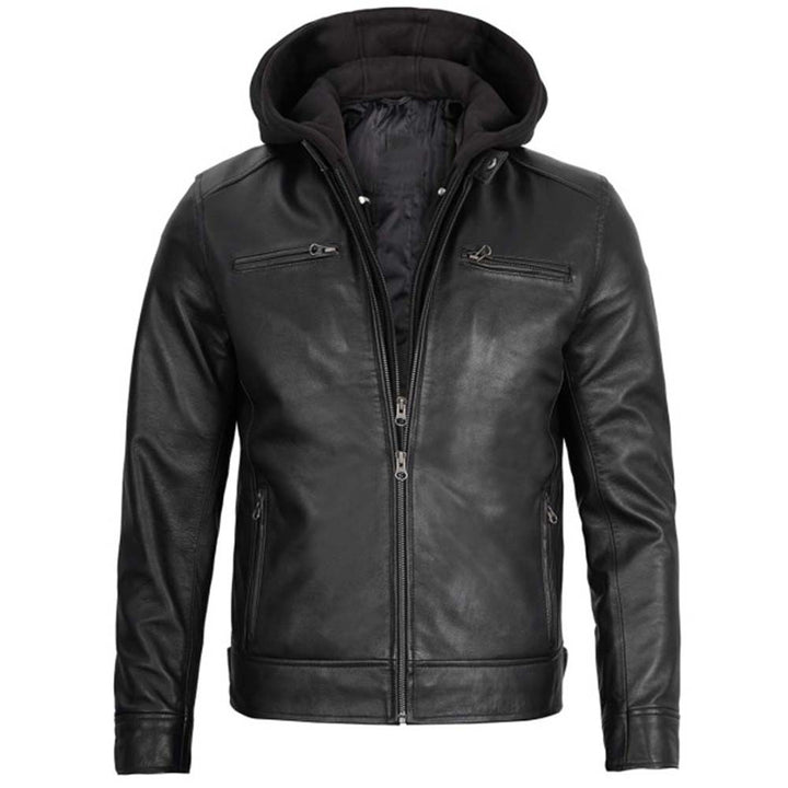 Men's Black Leather Jacket with Removable Hoodie for Versatile Style in United state market