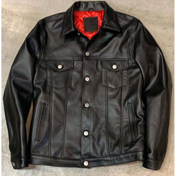 Men's black stylish trucker slim fit leather jacket in USA