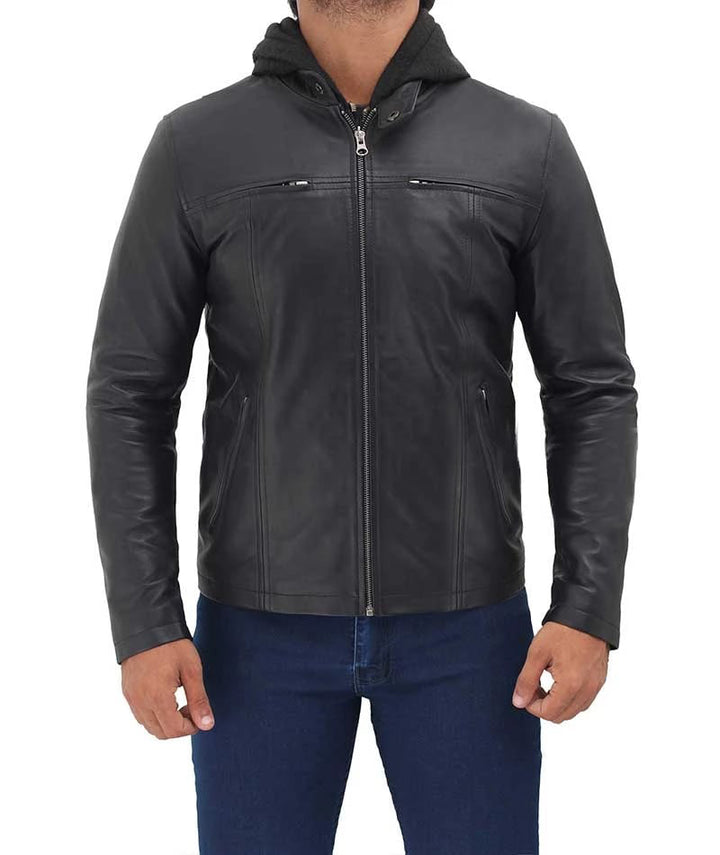 Men's black café racer leather jacket with removable hood