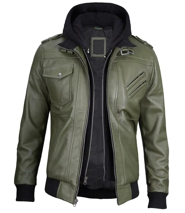 Mens Military Green Leather Jacket with Removable Hood