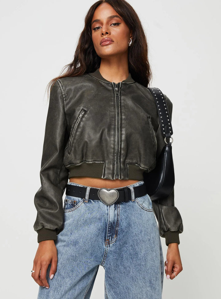 Chic Women's Charcoal Leather Jacket, Cropped Style by TJS in France style