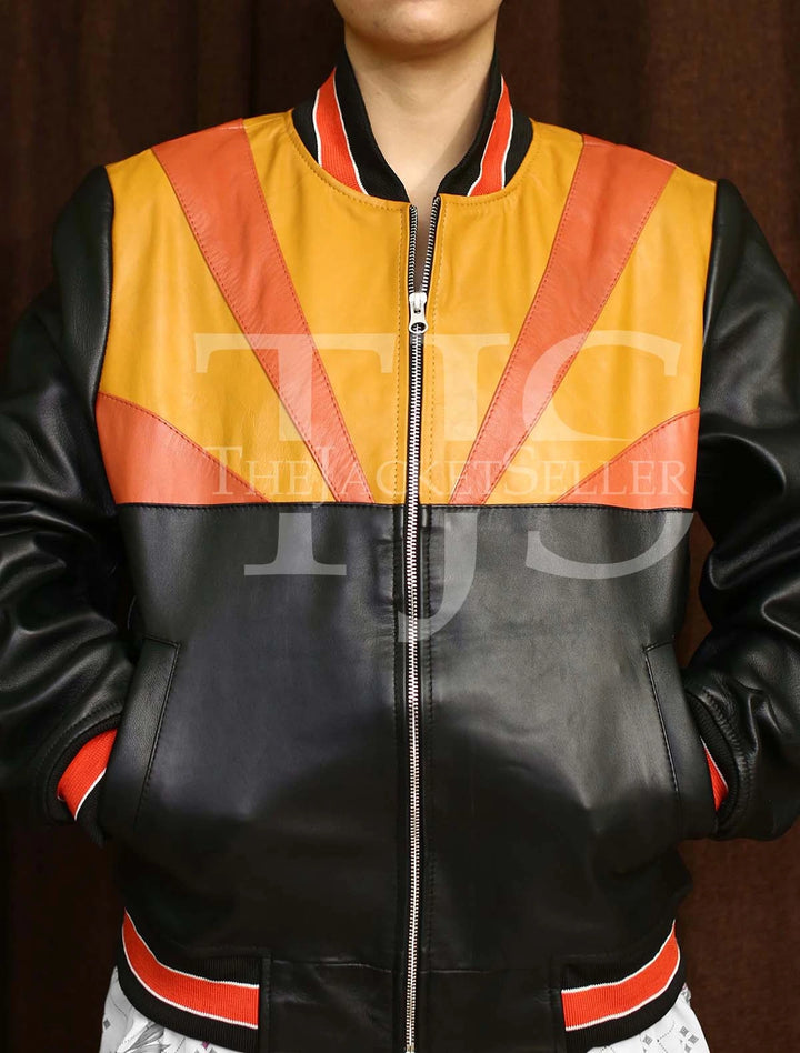 Colorful leather jacket with sunburst pattern on the front and back