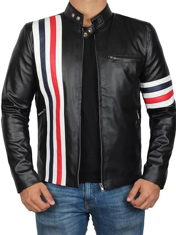 USA Flag Elegant Black Biker Leather Jacket By TJS