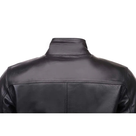 Chic Black Leather Jacket with Straight Ribbed Neckline in United state market