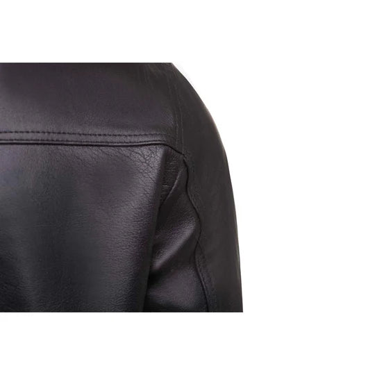 Men’s Black Leather Jacket with Straight Ribbed Collar for Casual Wear in USA