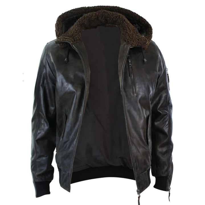 Pilot-style bomber jacket with detachable fur hood for men