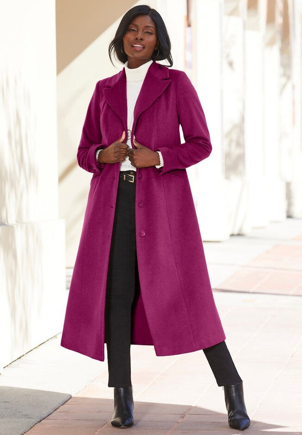 Full length wool blend coat with classic lapel design in USA