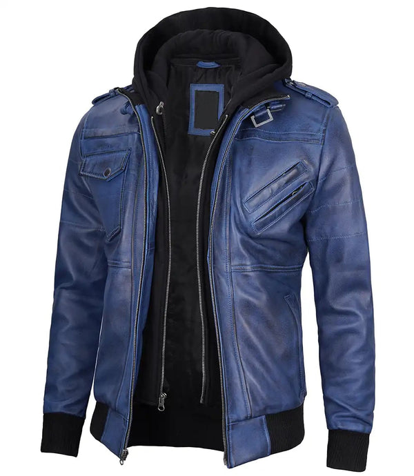 Stylish Mens Blue Leather Jacket with Removable Hood