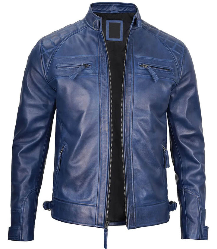 Stylish Men's Blue Wax Leather Café Racer Jacket in France style