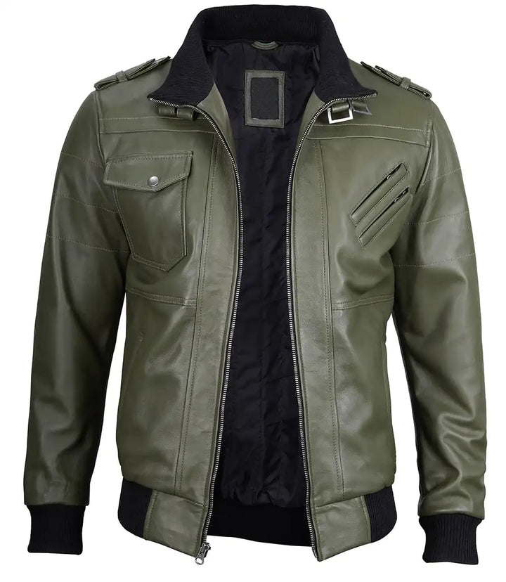 Stylish Military Green Leather Jacket for Men with Detachable Hood in France style