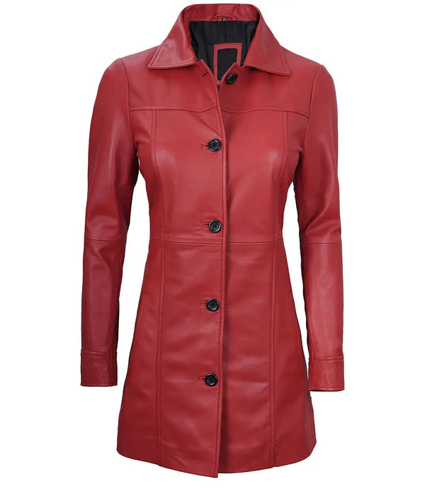 Kandis women's red real leather car coat front view in USA