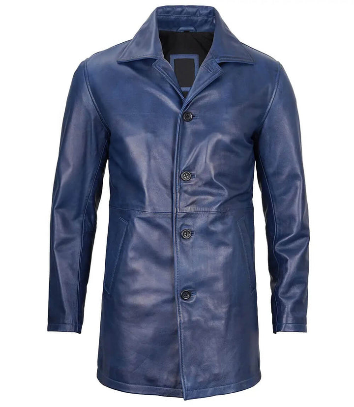 Men's Leather Blue 3/4 Car Coat Front View n USA