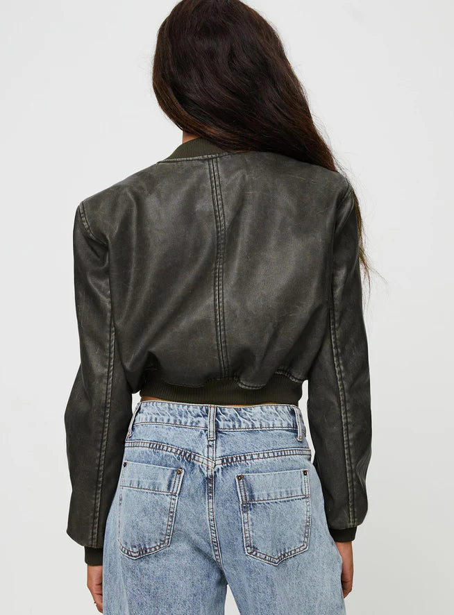 Modern Charcoal Cropped Leather Jacket for Women by TJS in USA
