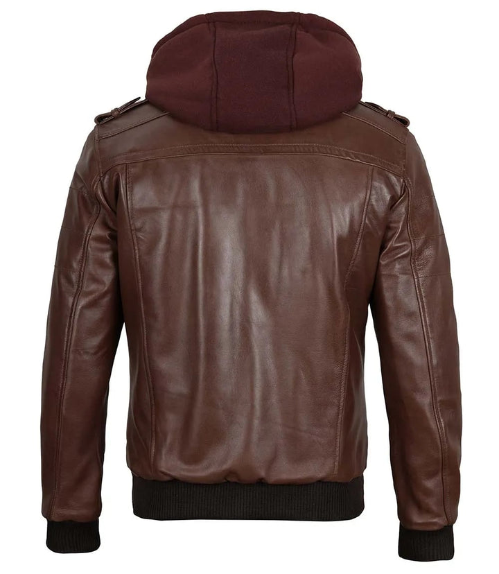 Stylish Dark Brown Leather Bomber Jacket for Men with Hood in France style