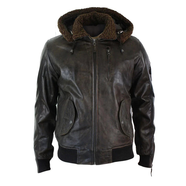 Men's vintage retro fur hooded leather jacket in tan Napa leather