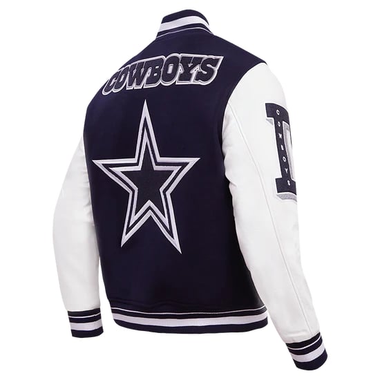 Stylish men's rib wool varsity jacket featuring Dallas Cowboys logo
