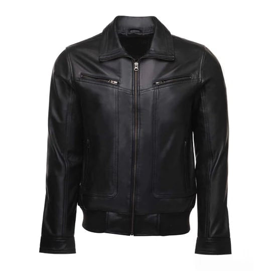 Classic Black Leather Jacket with Collars - Front View in USA