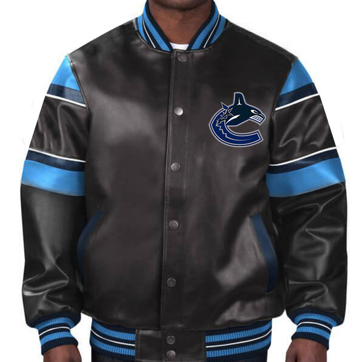 Sport this sleek Vancouver Canucks leather jacket, a tribute to the team's resilience and your unwavering support for the Canucks in USA