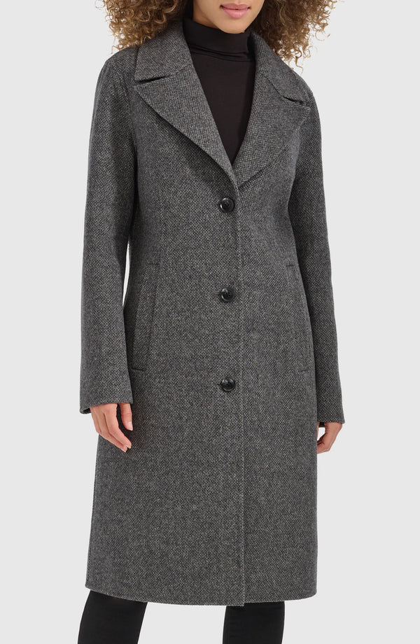 Single breasted textured wool blend coat with clean lines in USA