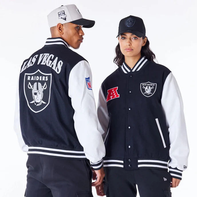 Las Vegas Raiders Patch Black Varsity Jacket Front View in USA