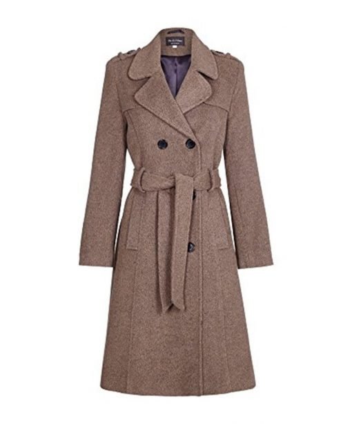 Women's wool belted military style coat with gold button accents in USA