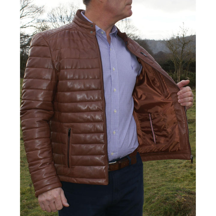 Lightweight men's leather jacket in classic brown color