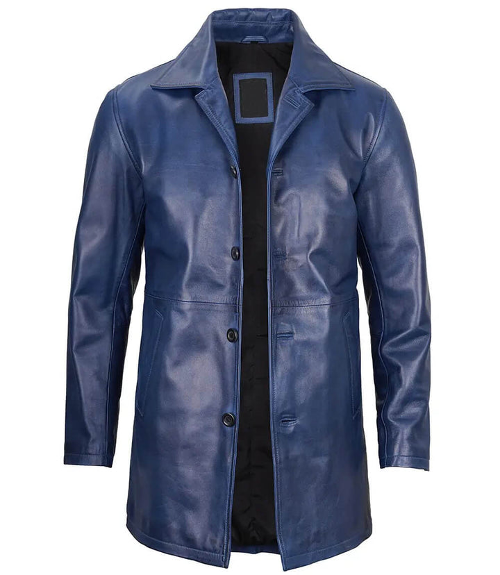 Stylish Men's Blue Leather 3/4 Length Car Coat in France style