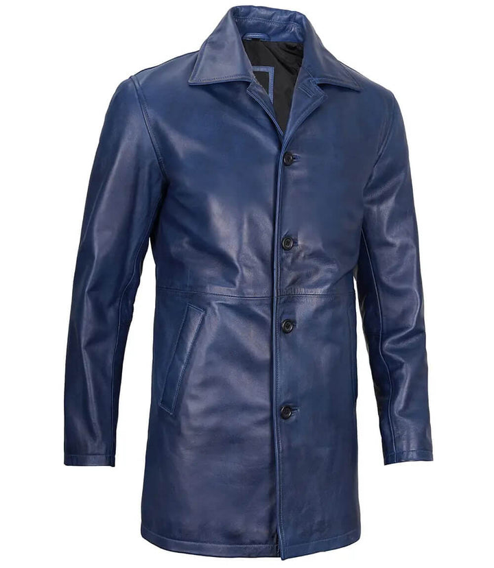 Classic Men's Blue Leather Car Coat with Button Closure in United state market