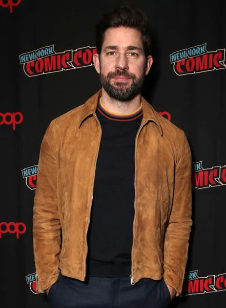 John Krasinski wearing a stylish suede jacket in USA market