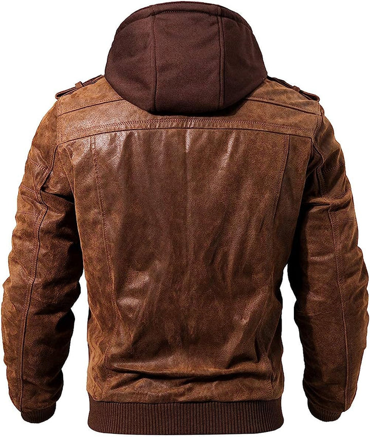 Stylish Men's Brown Leather Jacket with Removable Hood for All-Weather Wear in United State Market