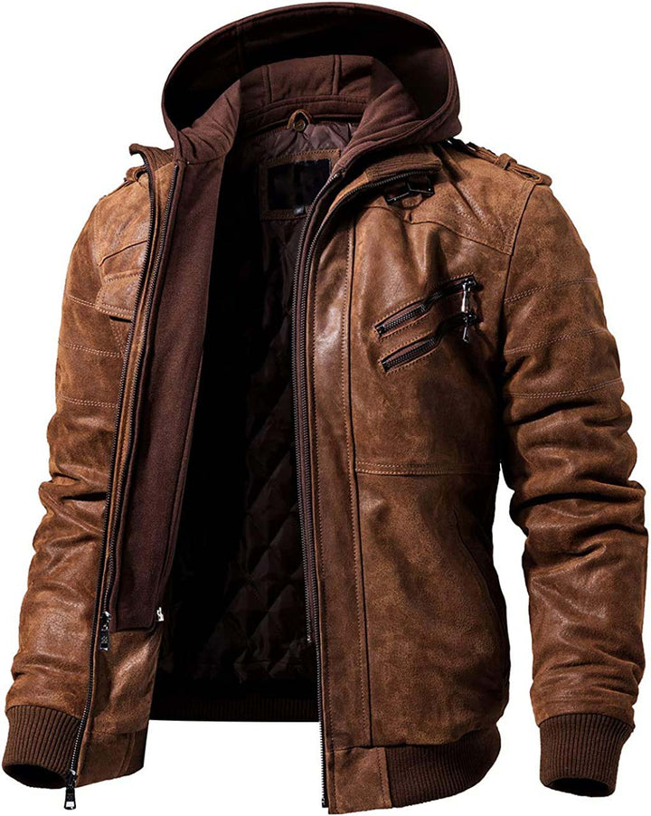 Men's Brown Genuine Leather Jacket with Zip-Off Hood for Comfort in USA