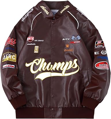 Oversized faux leather motorcycle jacket with racing patches in USA