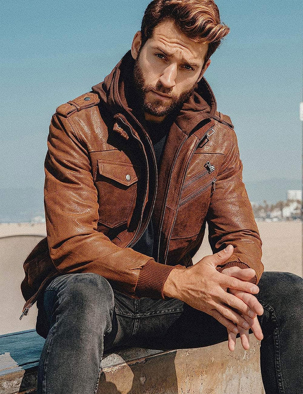 Men's Brown Real Leather Jacket with Removable Hood