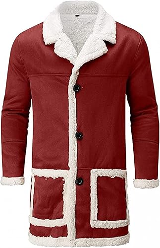 Men's Red Shearling Coat, Warm Winter Jacket, Festive Button-Front Long Coat, Christmas Outerwear, Cozy Suede-Look