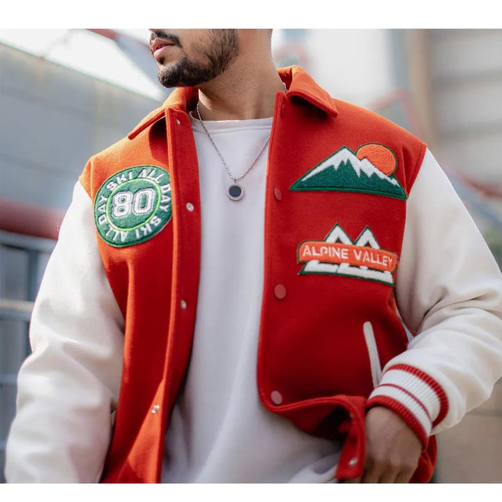 All Day Ski 80 varsity jacket side view in American market