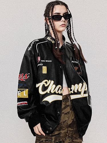 Stylish racing-inspired faux leather jacket oversized fit in USA